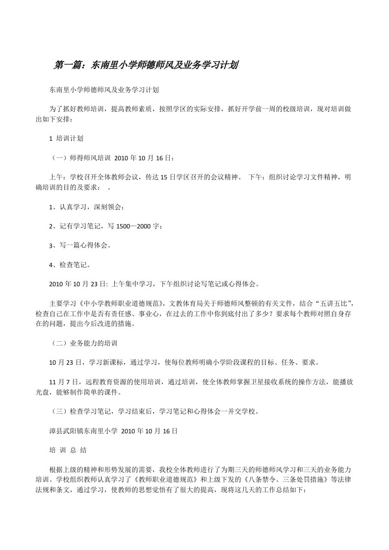 东南里小学师德师风及业务学习计划[修改版]