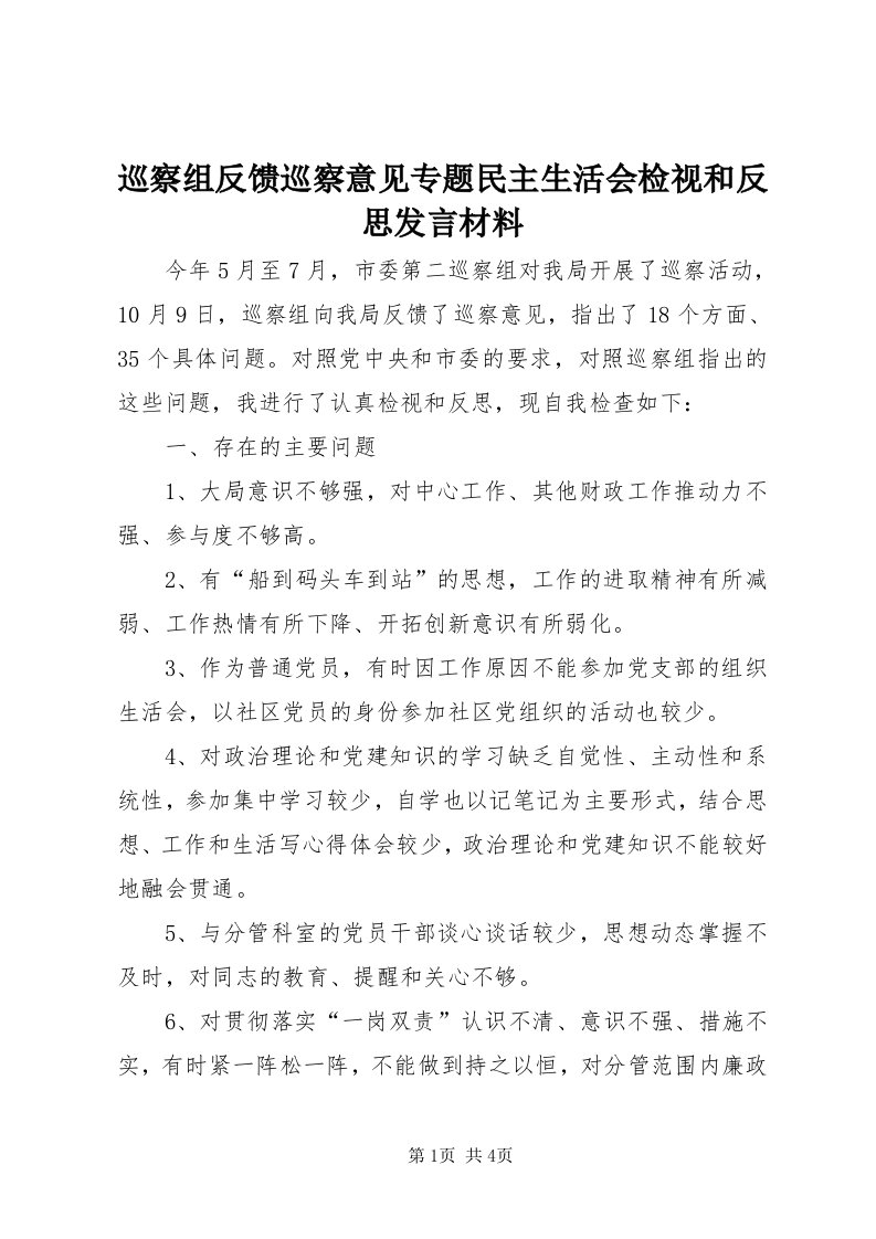 7巡察组反馈巡察意见专题民主生活会检视和反思讲话材料