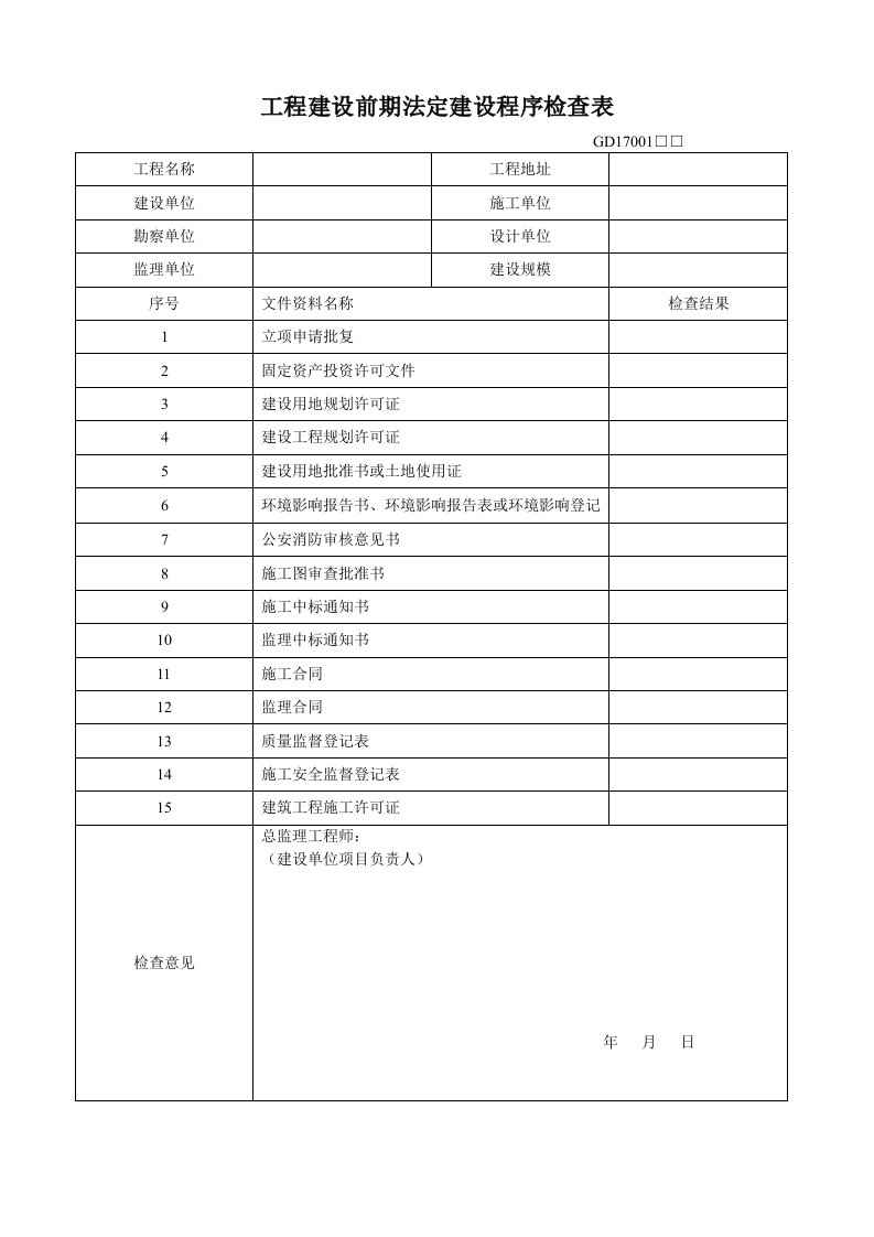 建筑资料-一工程建设前期法定建设程序检查表