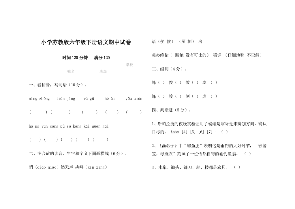 六年级下册语文期中测试题（王树权）