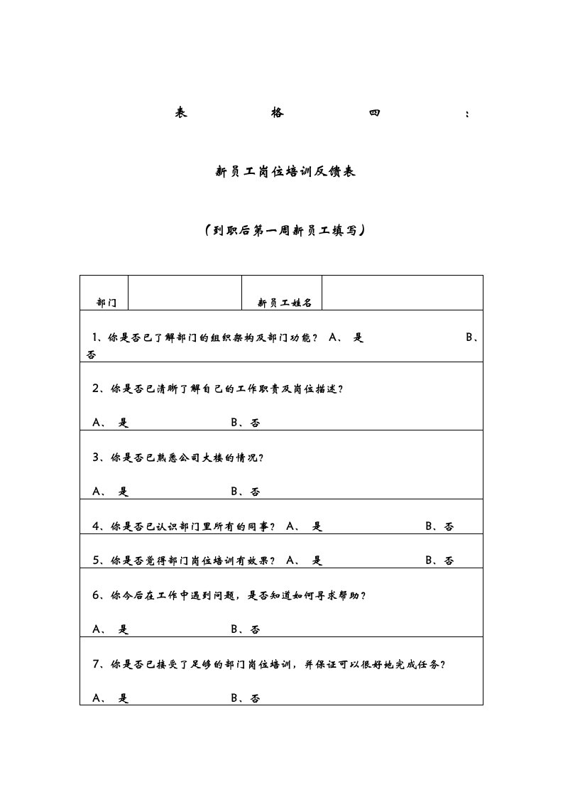 新员工岗位培训反馈表