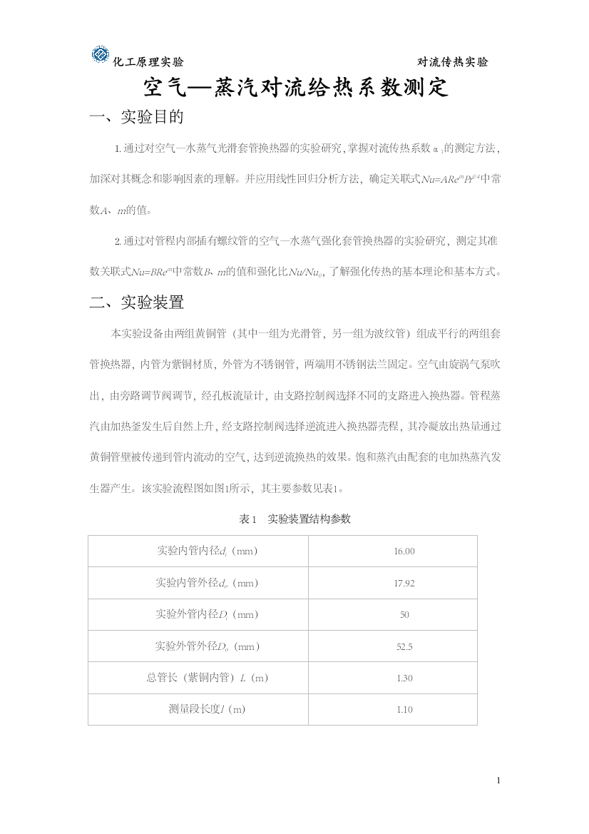 空气—蒸汽对流给热系数测定实验工作报告及数据、答案