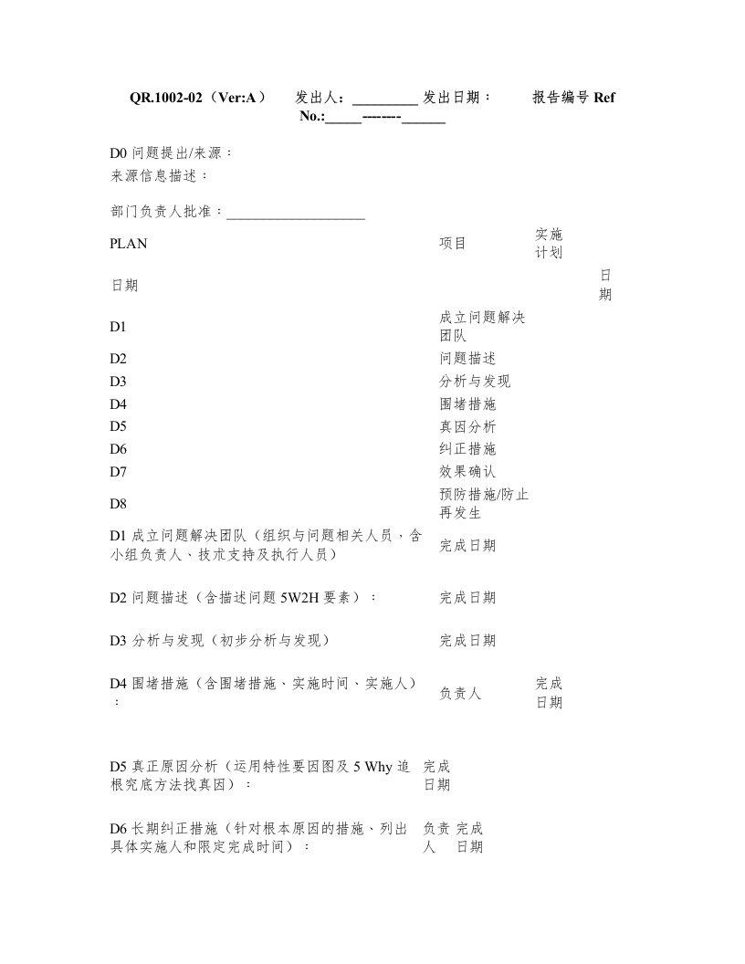 公司内部问题8D改善报告模版(参改)