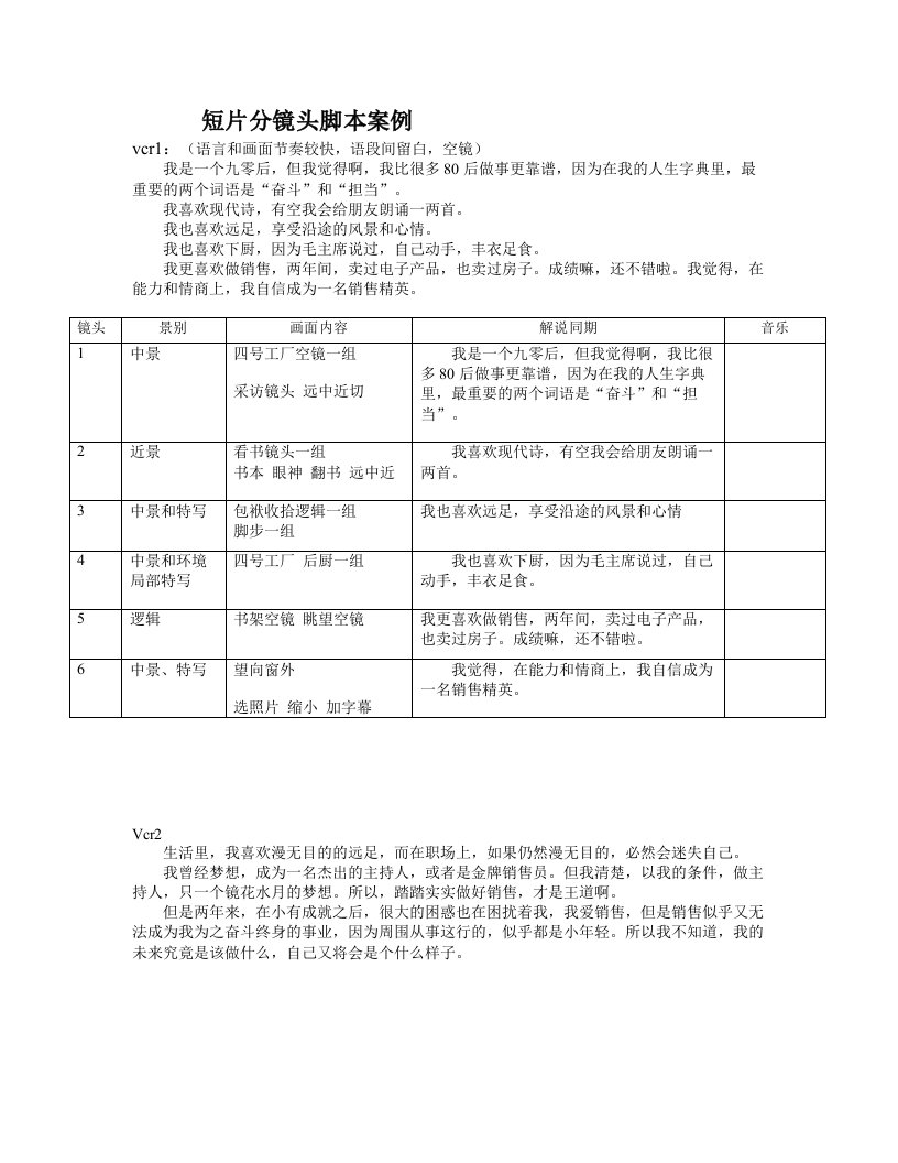 短片VCR分镜头拍摄脚本