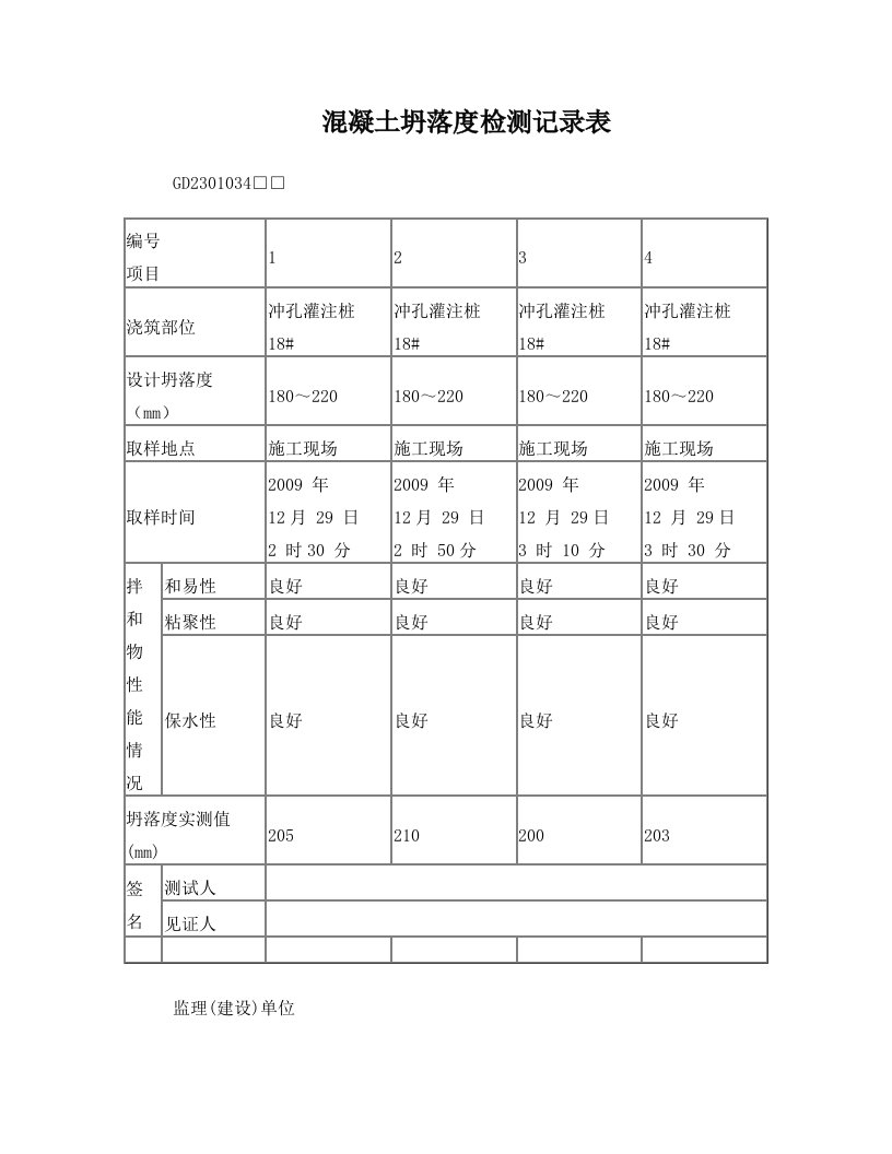 混凝土坍落度记录表