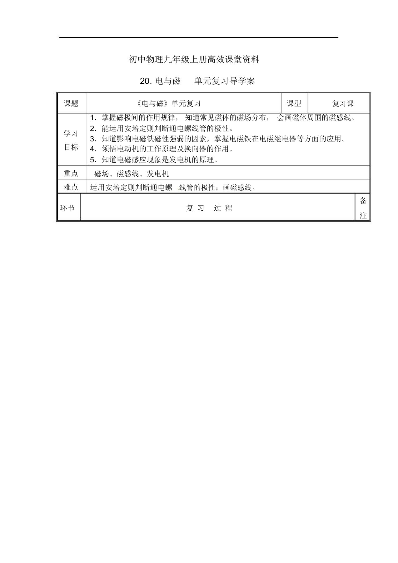 初中物理九年级上册高效课堂资料20《电与磁》复习教学设计