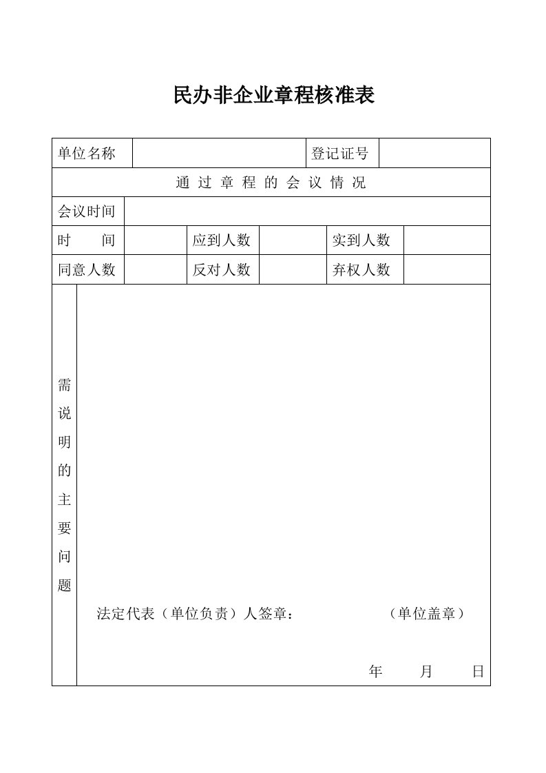 民办非企业章程核准表