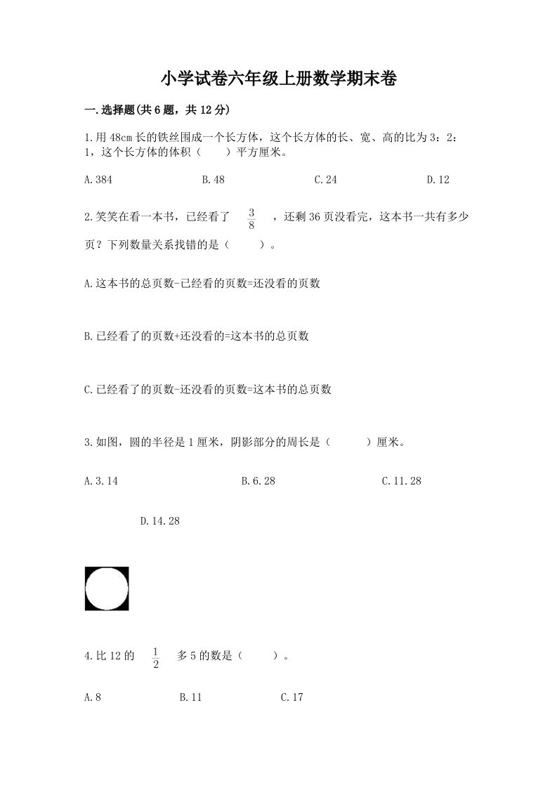 小学试卷六年级上册数学期末卷精品【巩固】