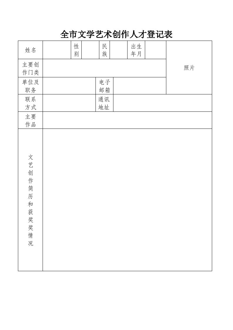 全市文学艺术创作人才登记表