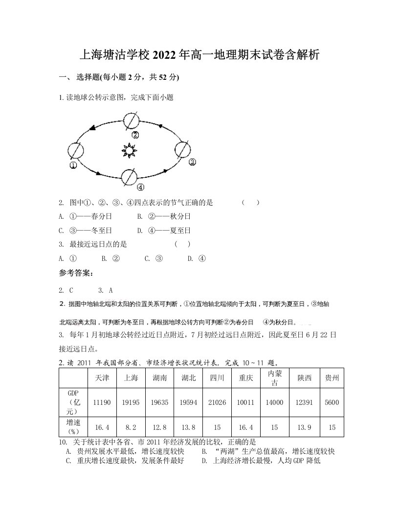 上海塘沽学校2022年高一地理期末试卷含解析