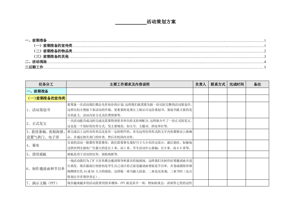 活动策划执行表格