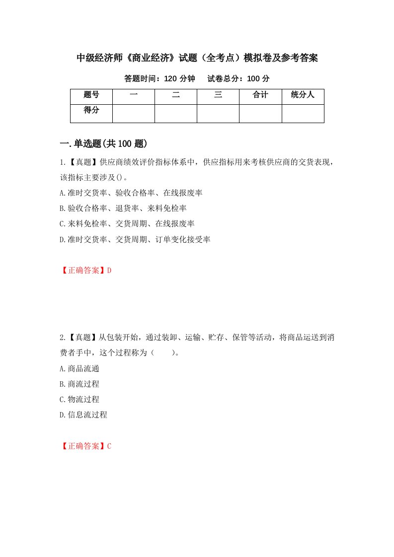 中级经济师商业经济试题全考点模拟卷及参考答案第46卷