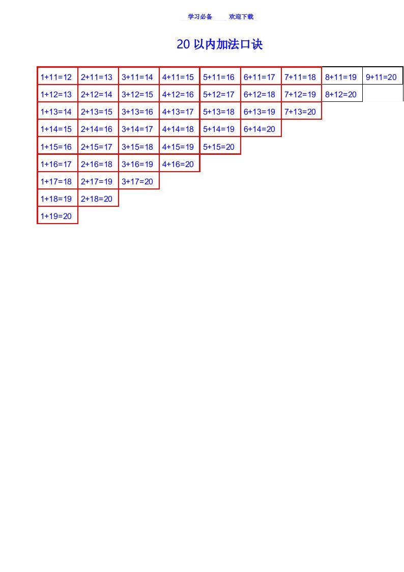 20以内加减法口诀表(可直接打印)