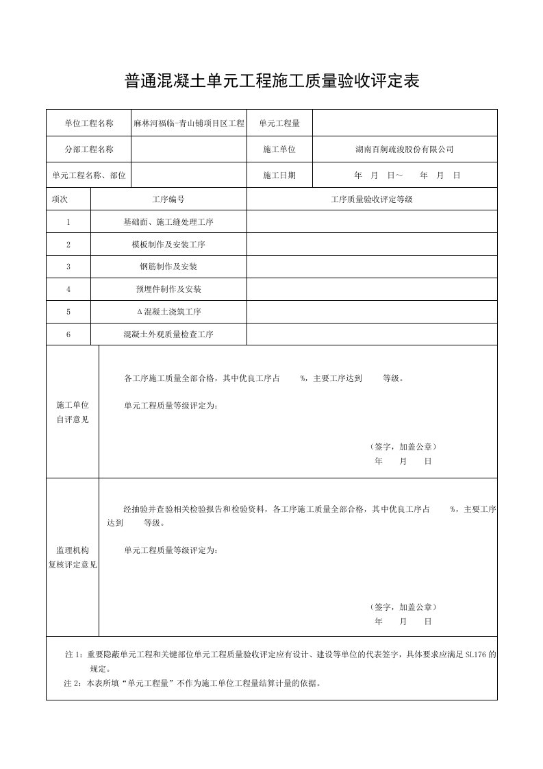 混凝土坡面框架单元工程施工质量验收评定表