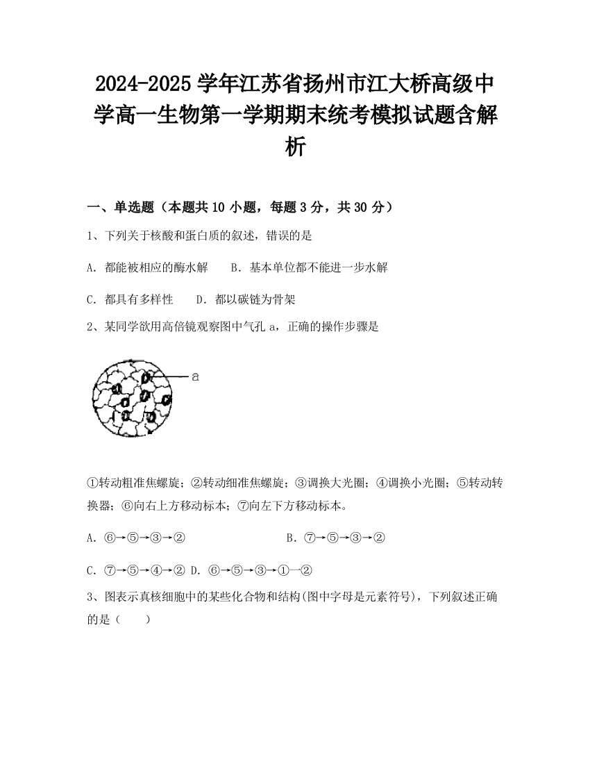 2024-2025学年江苏省扬州市江大桥高级中学高一生物第一学期期末统考模拟试题含解析