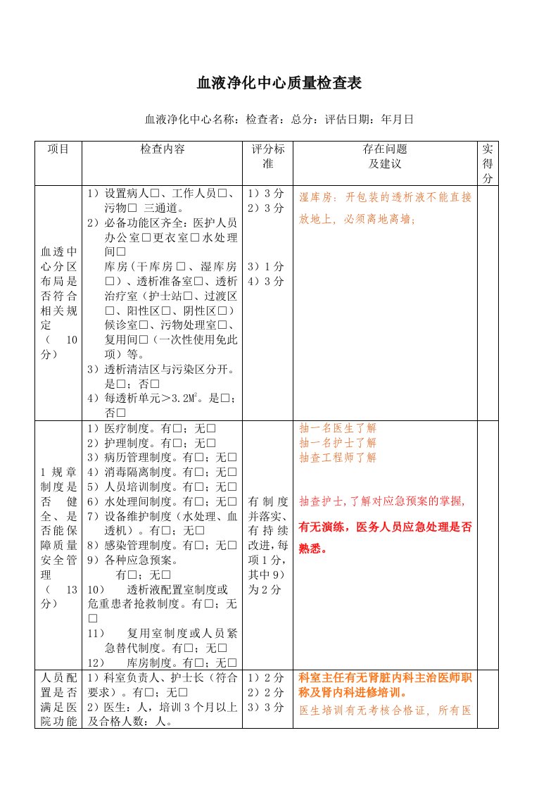 血液净化中心质量检查表