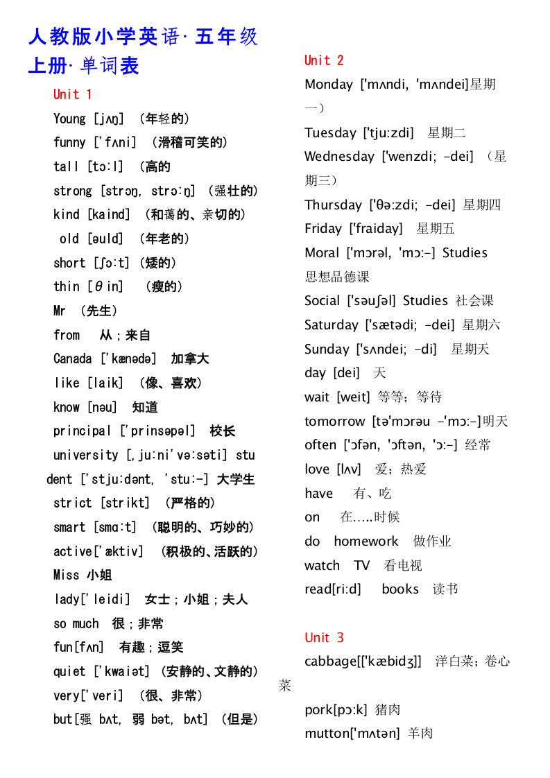 人教版小学英语五年级上册单词表。带音标