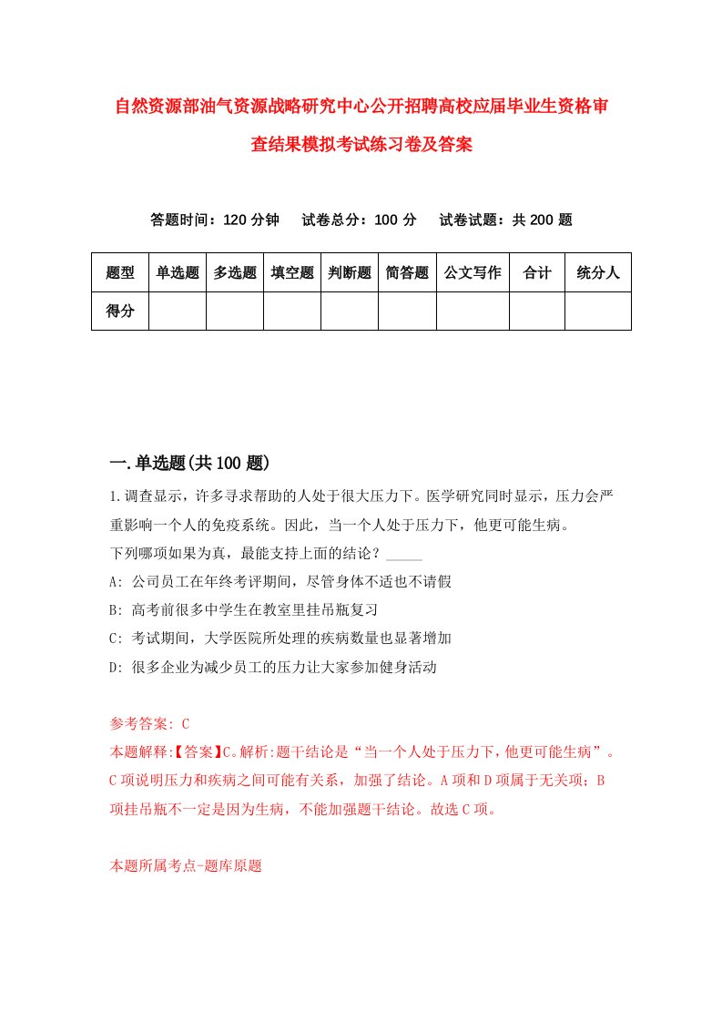 自然资源部油气资源战略研究中心公开招聘高校应届毕业生资格审查结果模拟考试练习卷及答案第6期