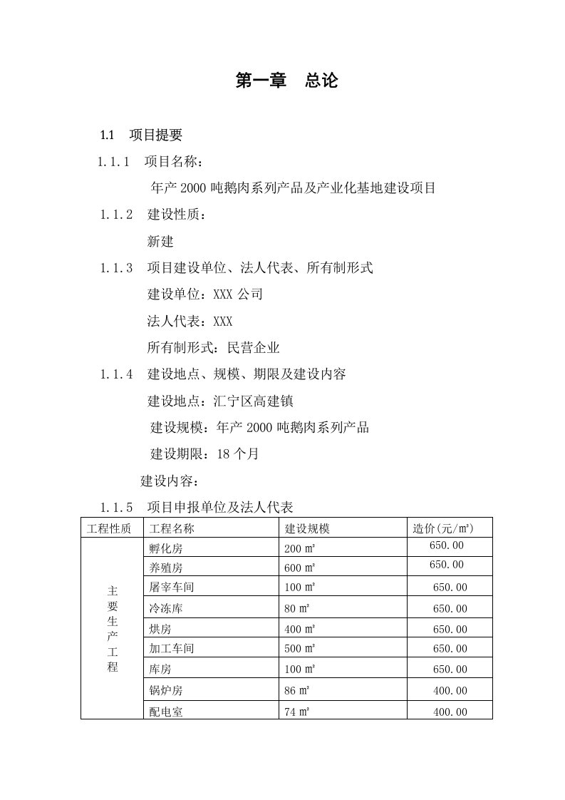 年产2000吨鹅肉系列产品及产业化基地建设项目可行性研究报告