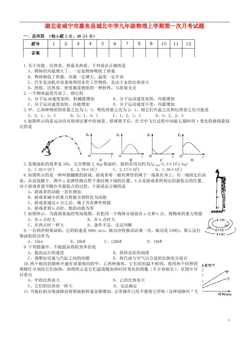 湖北省咸宁市嘉鱼县城北中学九级物理上学期第一次月考试题（无答案）