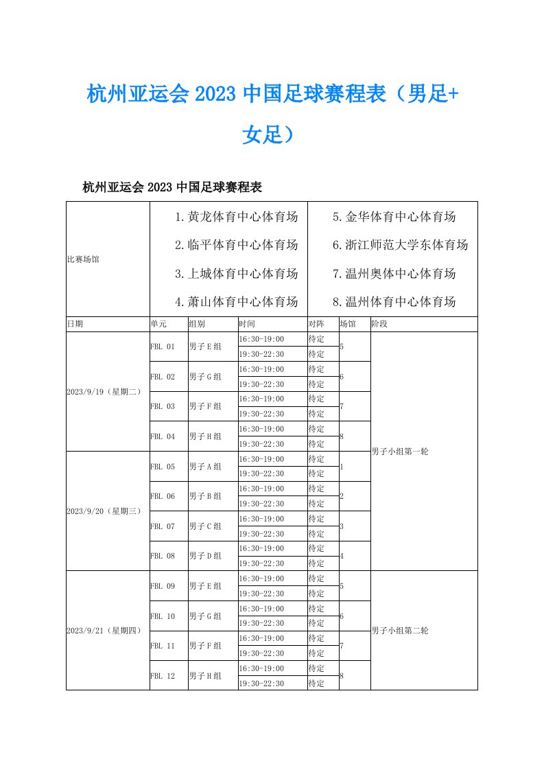 杭州亚运会2023中国足球赛程表（男足