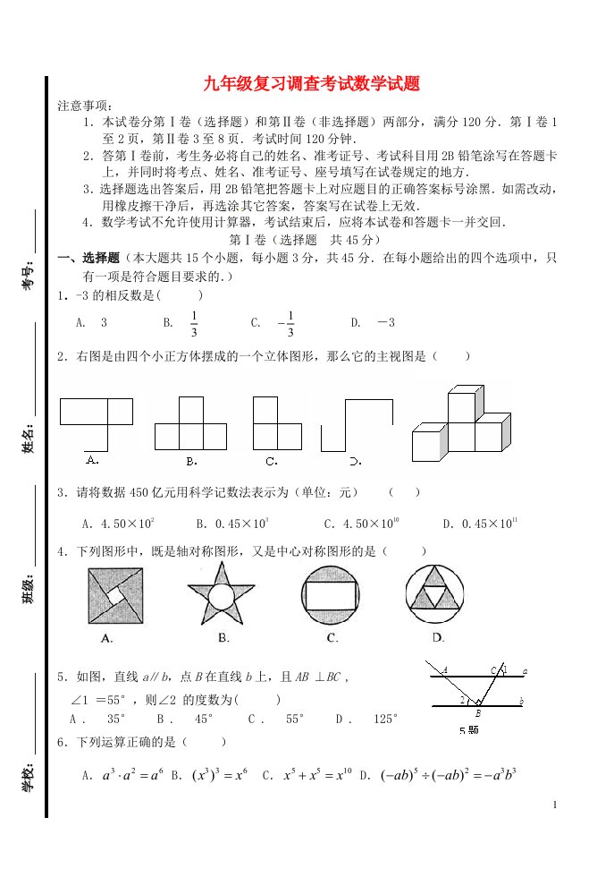 山东省济南市九级数学学业水平模拟考试试题