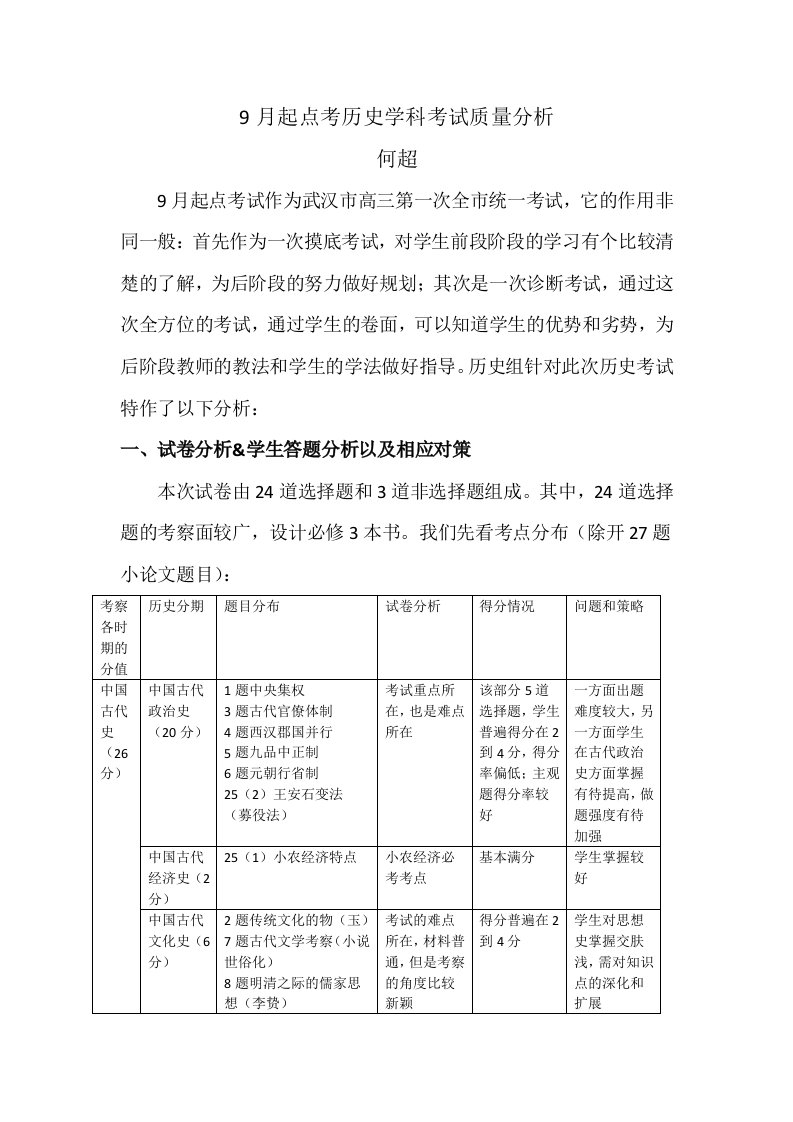 9月起点考历史学科考试质量分析