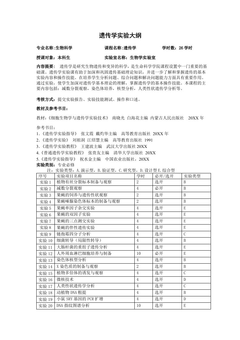 生物科技-07版生物科学专业遗传学实验大纲