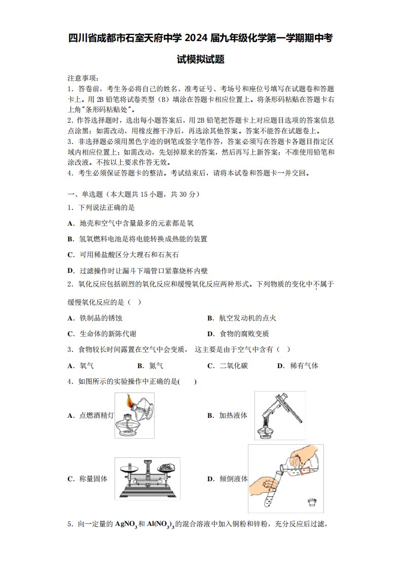 四川省成都市石室天府中学2024届九年级化学第一学期期中考试模拟试题含精品5520