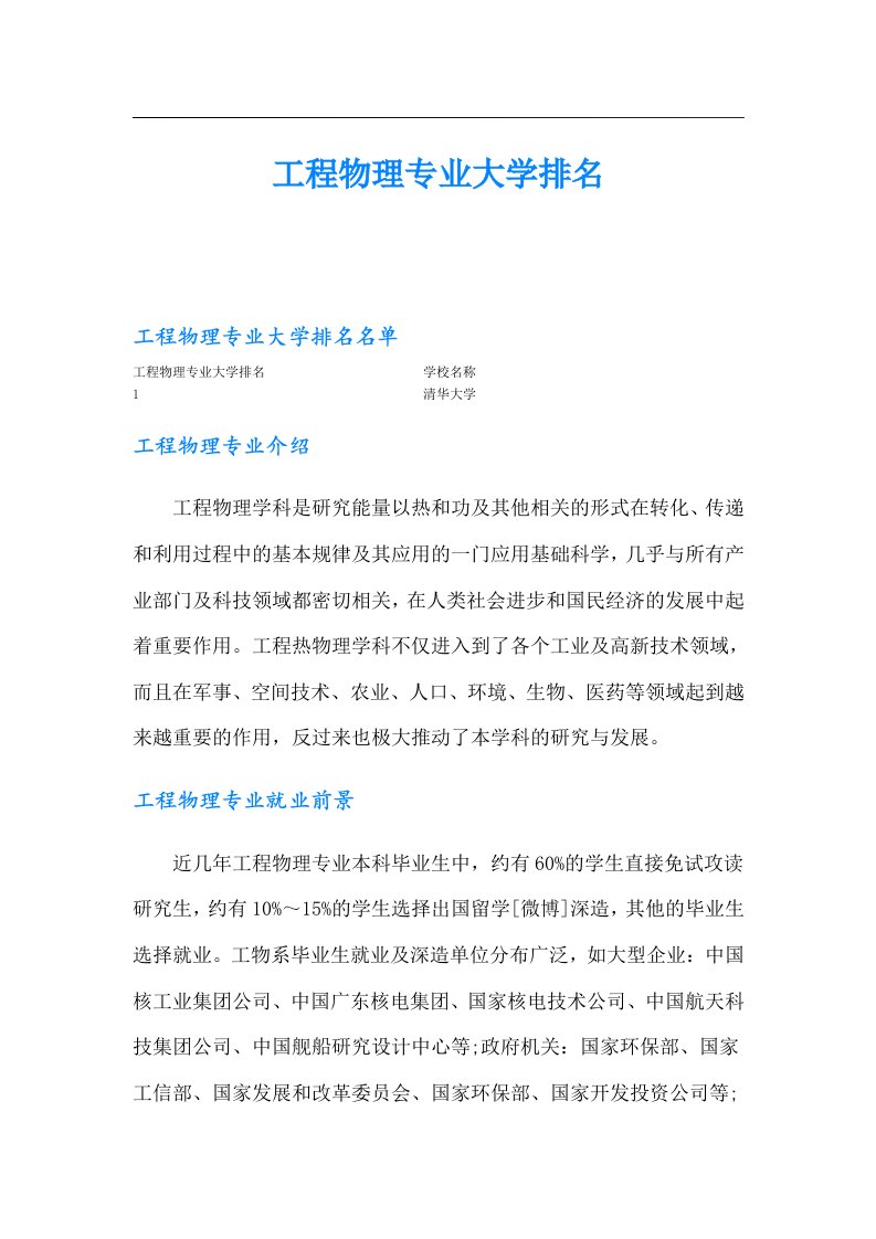 工程物理专业大学排名