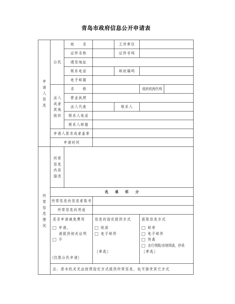 青岛市政府信息公开申请表