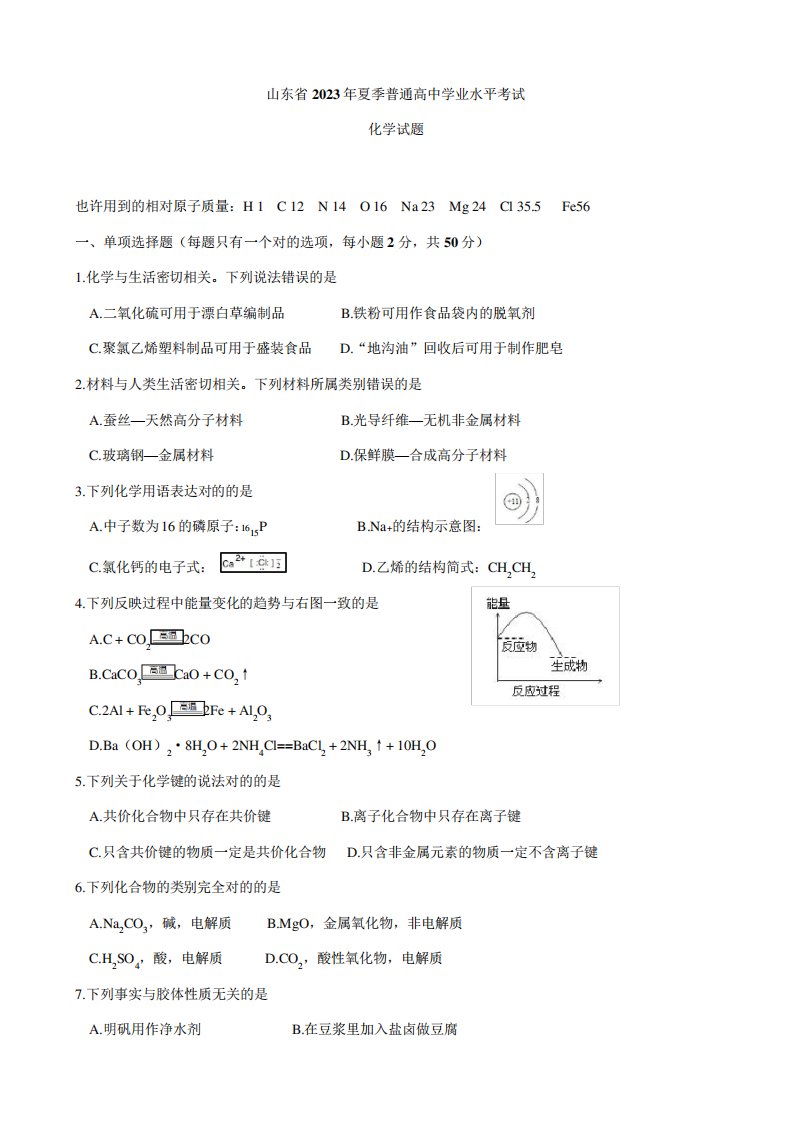 2023年山东省夏季普通高中学业水平考试化学试题版