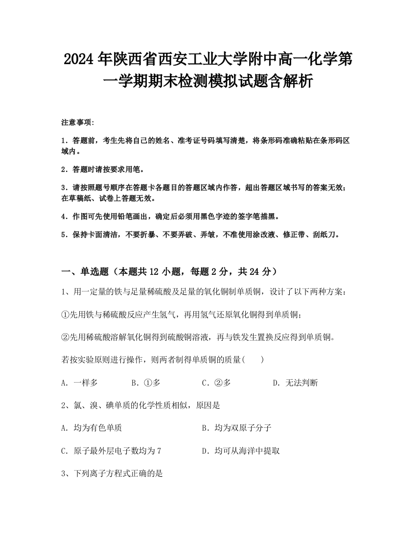 2024年陕西省西安工业大学附中高一化学第一学期期末检测模拟试题含解析