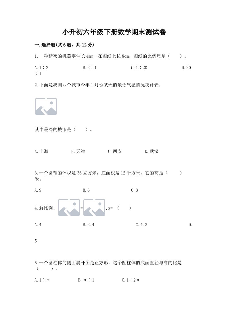 小升初六年级下册数学期末测试卷含完整答案（历年真题）