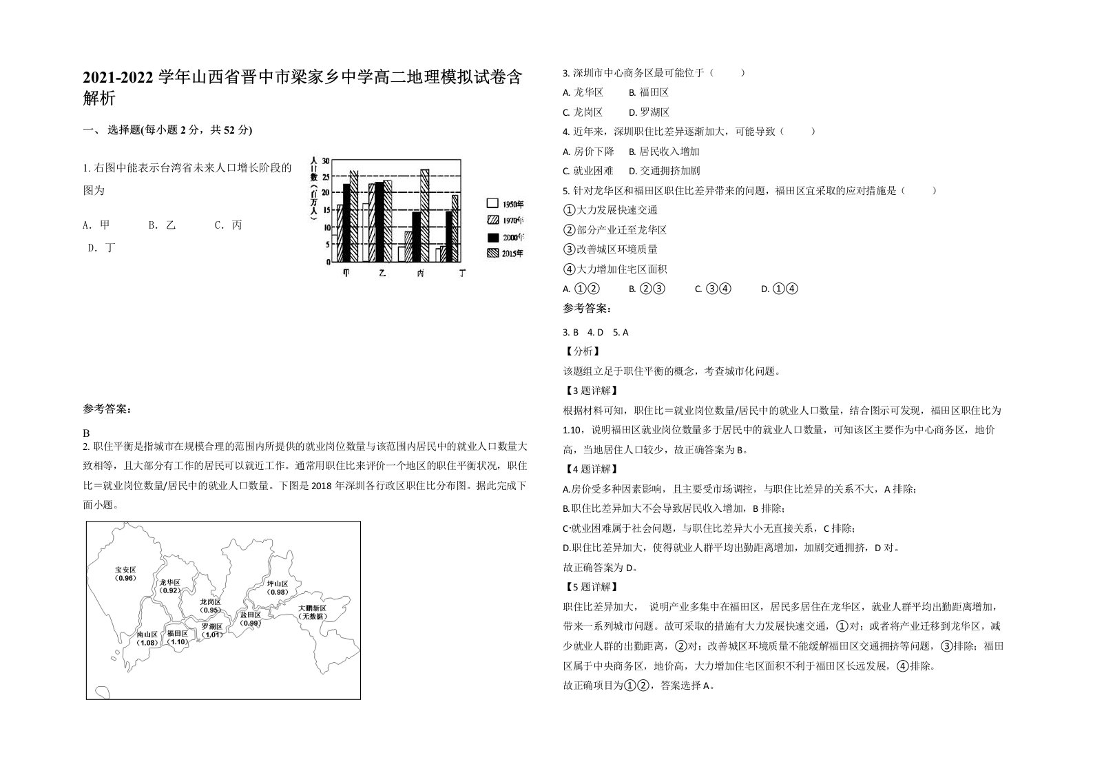 2021-2022学年山西省晋中市梁家乡中学高二地理模拟试卷含解析