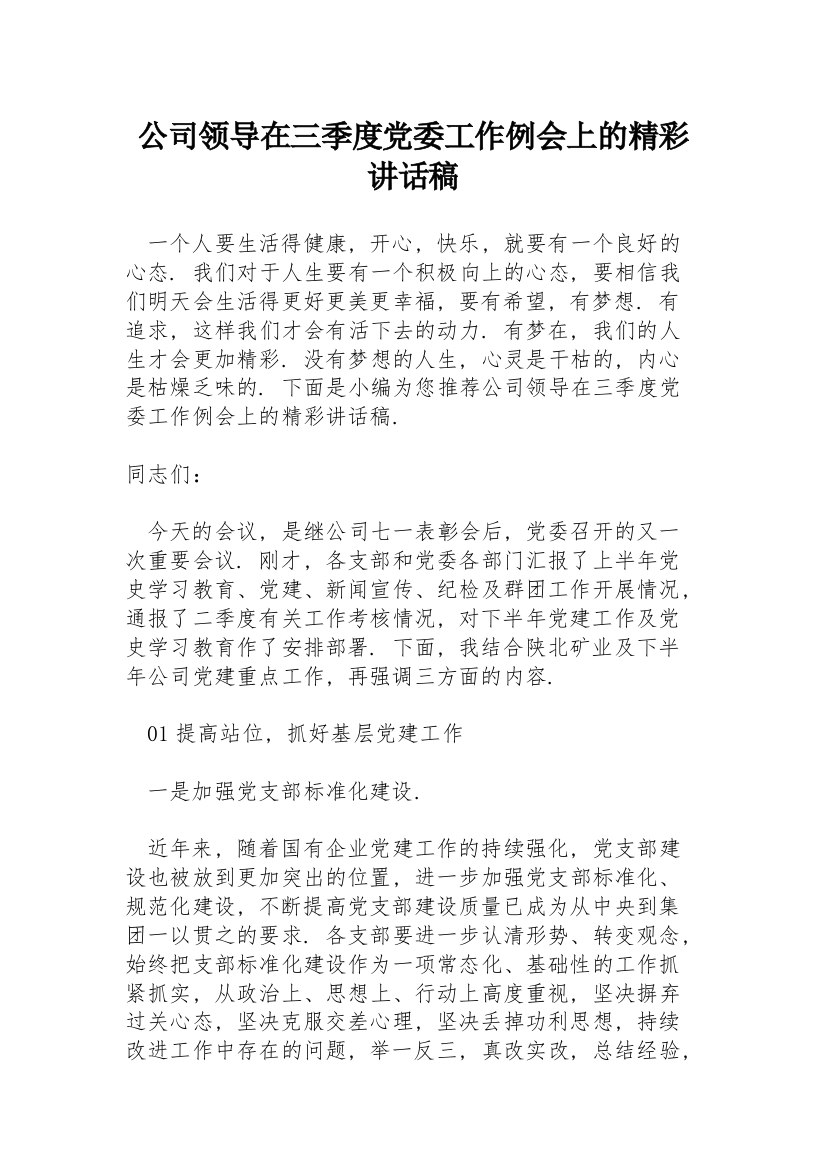 公司领导在三季度党委工作例会上的精彩讲话稿