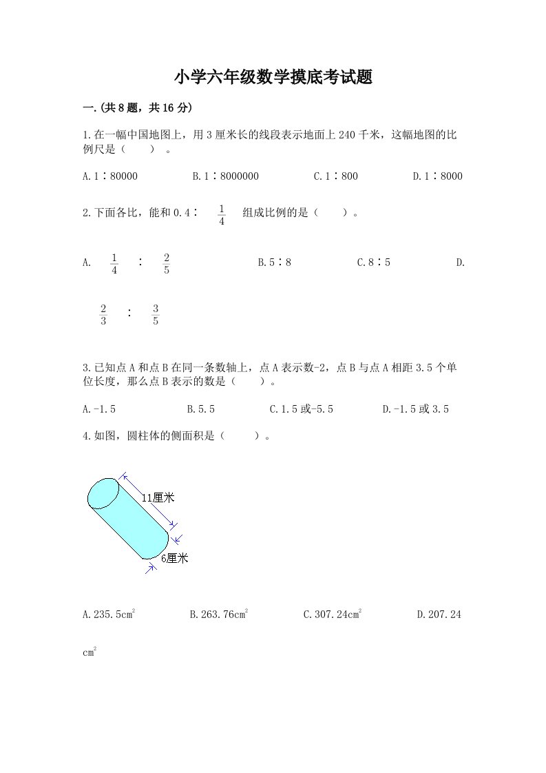 小学六年级数学摸底考试题及参考答案（考试直接用）