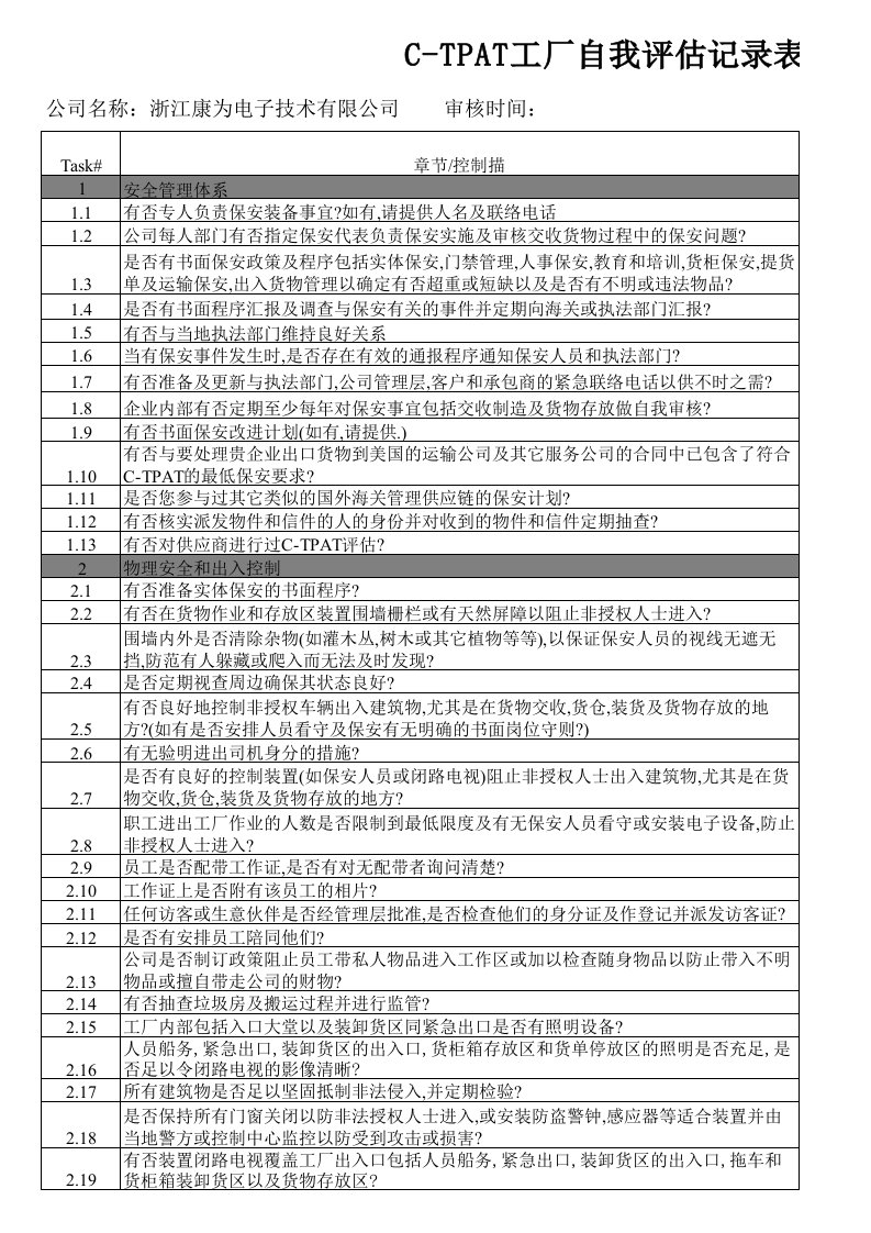 CTPAT工厂自我评估记录表