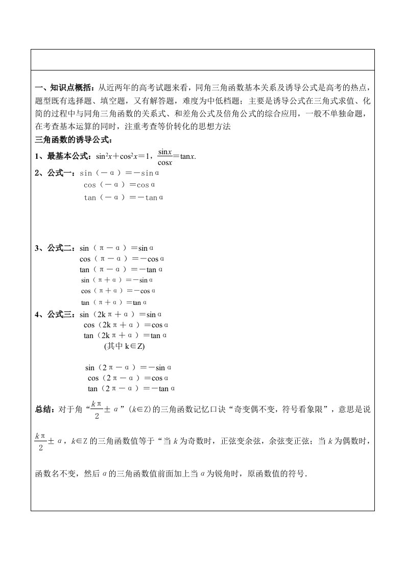 三角函数的诱导公式经典讲义