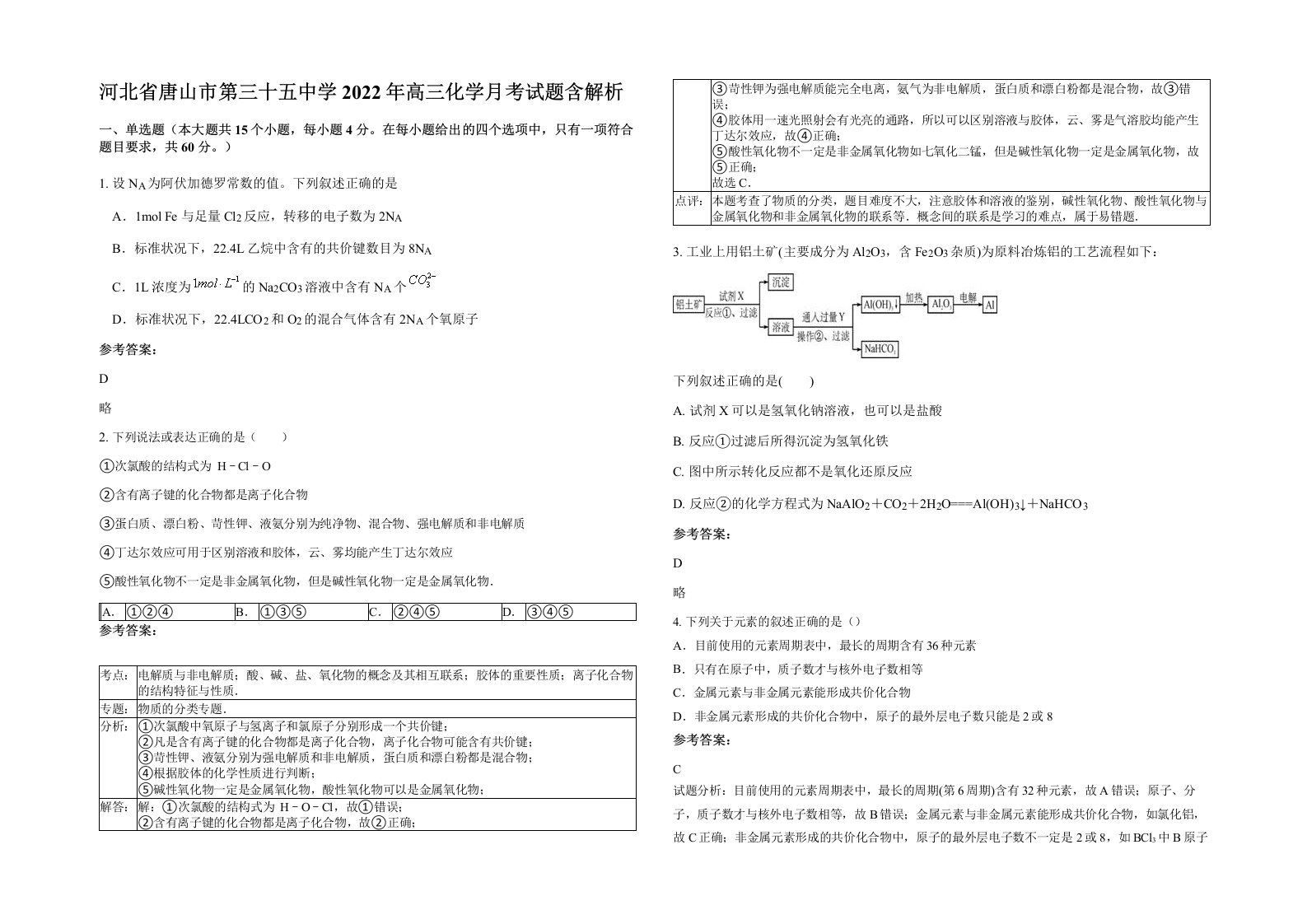 河北省唐山市第三十五中学2022年高三化学月考试题含解析