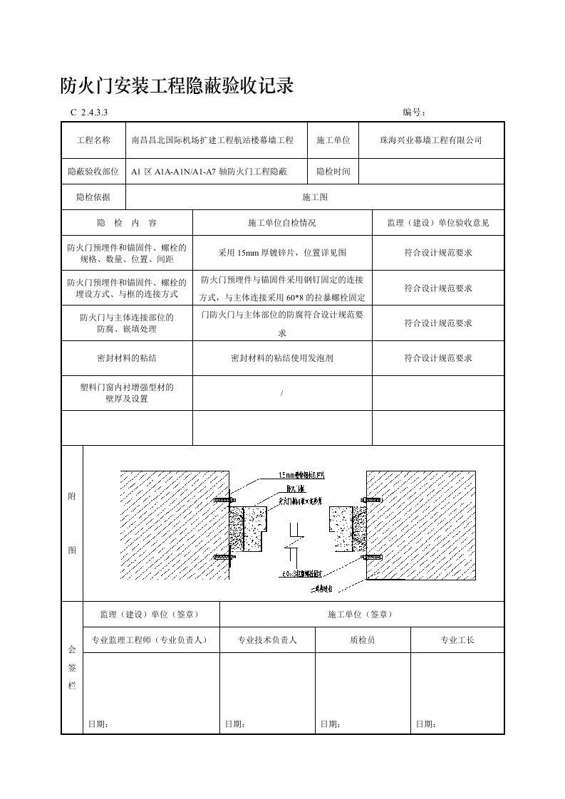 防火门安装工程隐蔽验收记录