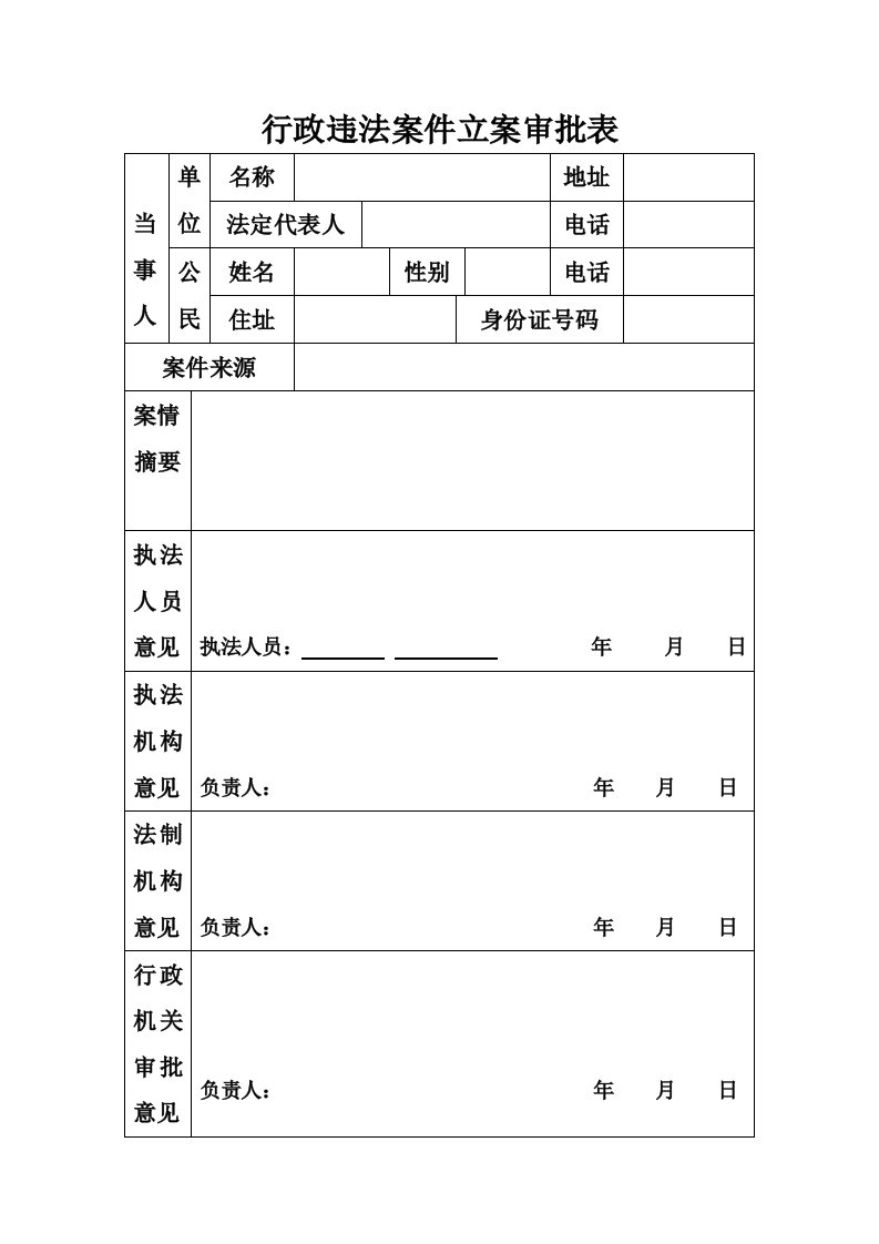 行政违法案件立案审批表