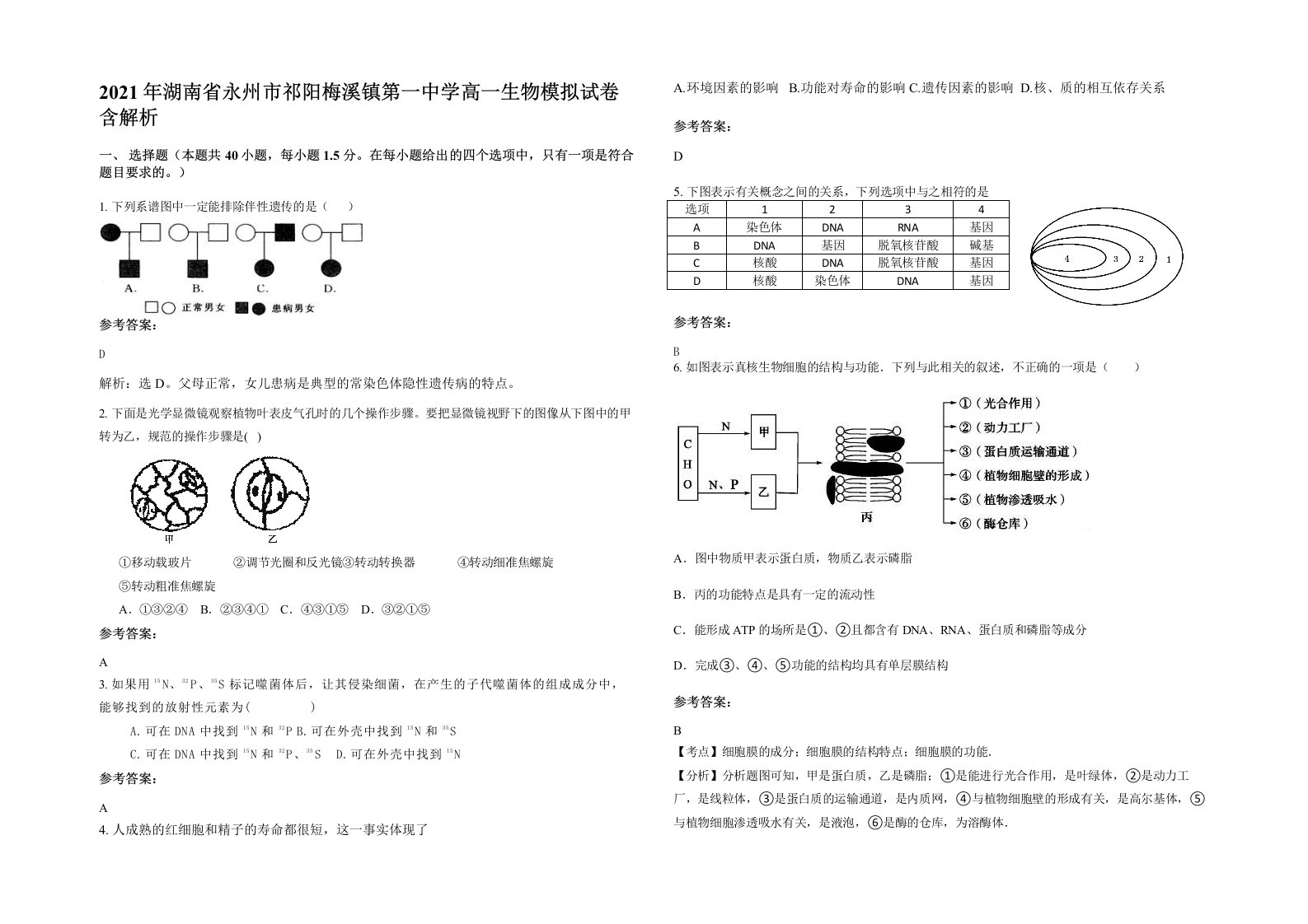 2021年湖南省永州市祁阳梅溪镇第一中学高一生物模拟试卷含解析