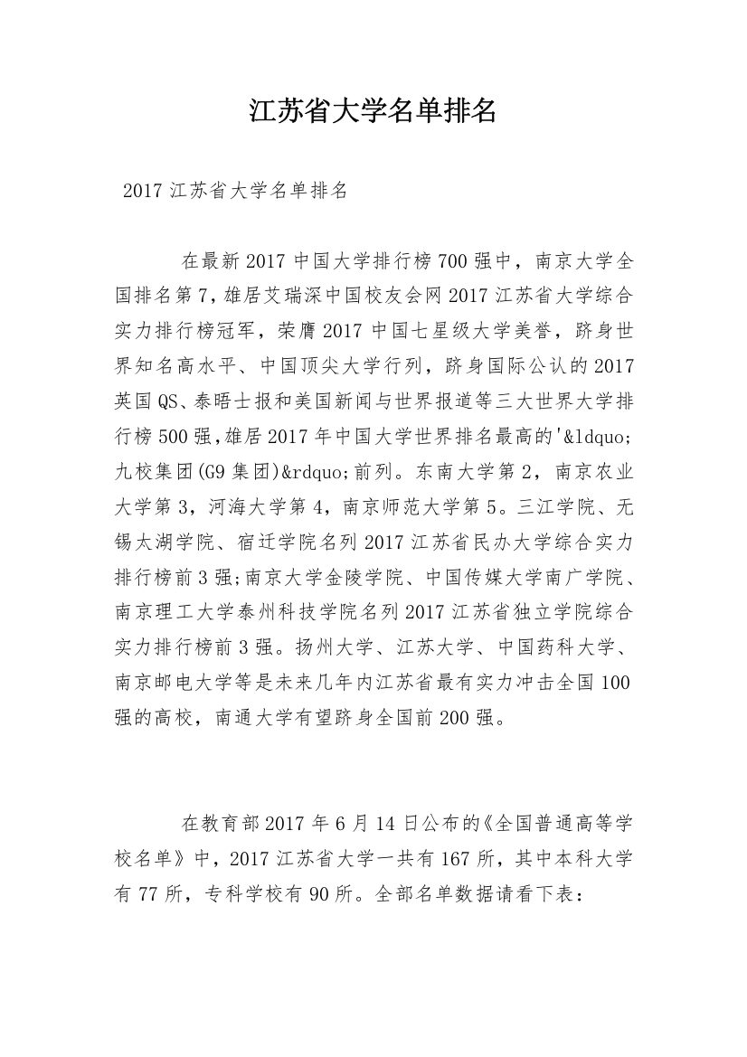 江苏省大学名单排名