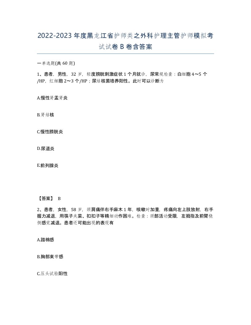 2022-2023年度黑龙江省护师类之外科护理主管护师模拟考试试卷B卷含答案