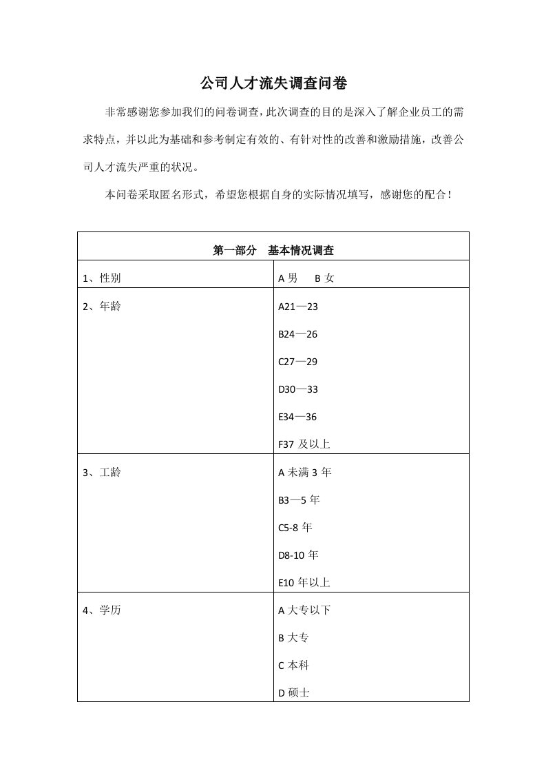 公司人才流失调查问卷调查问卷