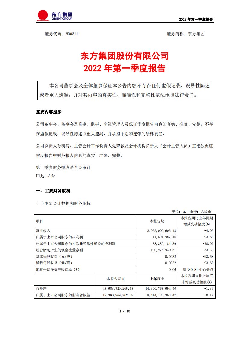 上交所-东方集团2022年第一季度报告-20220429