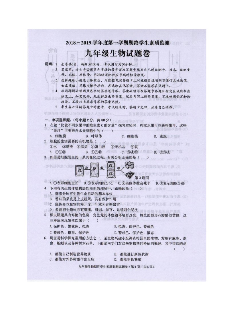 [首发]广东省揭阳普宁市2019届九年级上学期期末考试生物试题（扫描版）