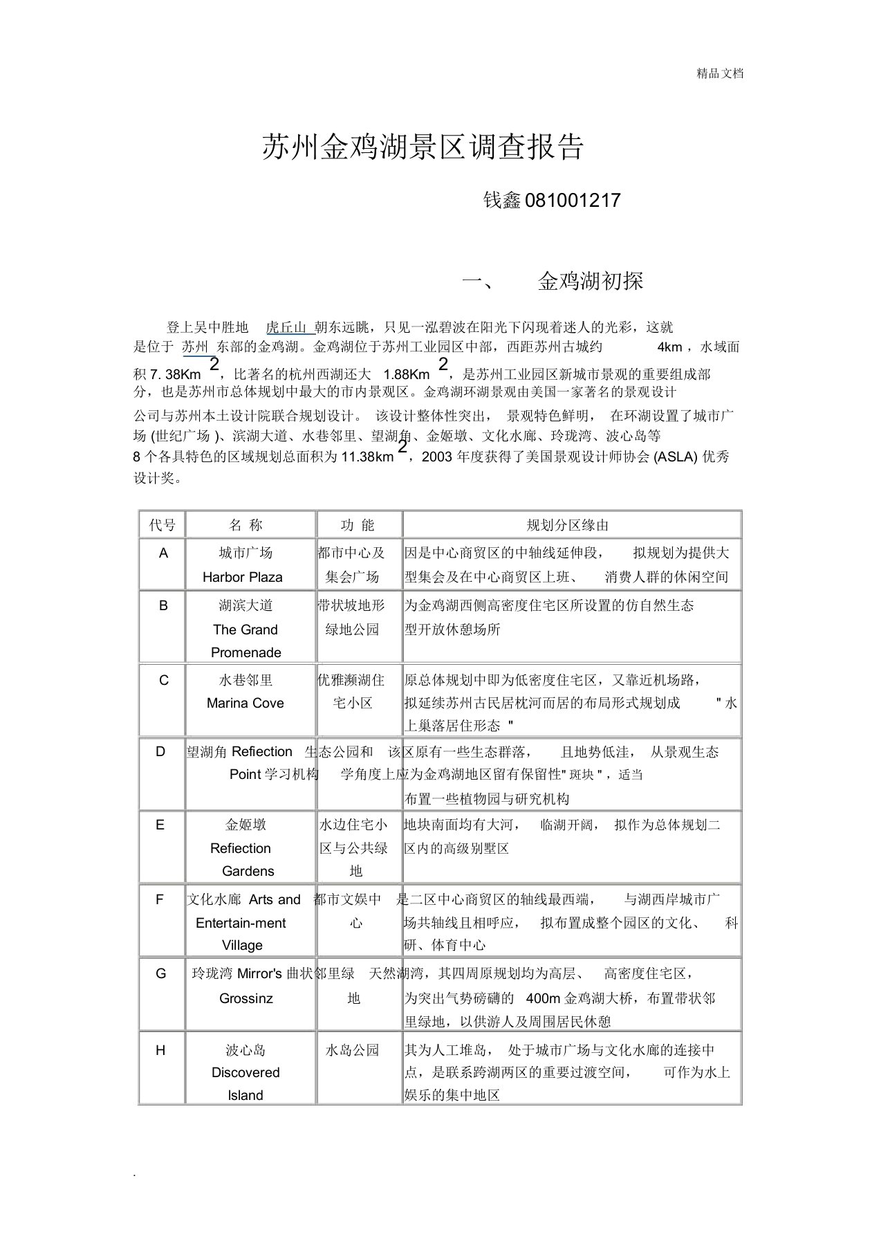 苏州金鸡湖调查报告