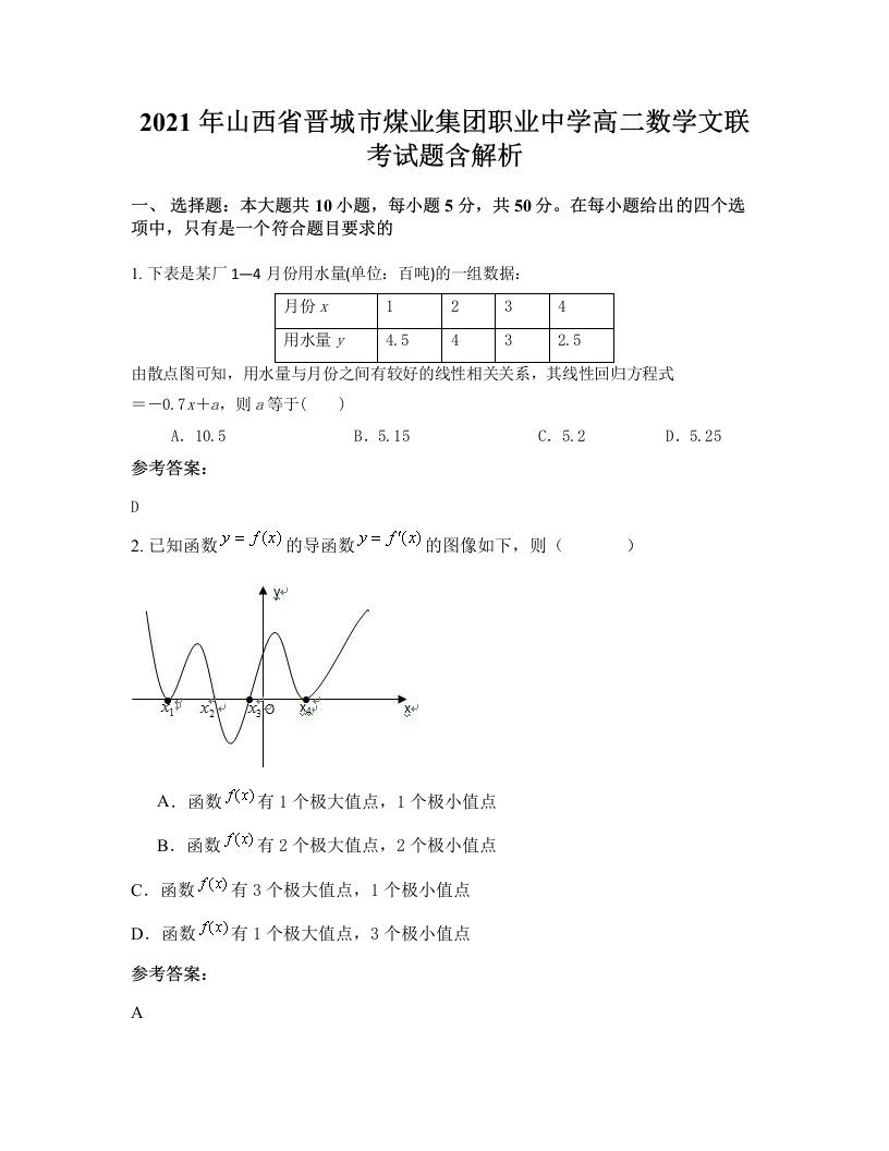 2021年山西省晋城市煤业集团职业中学高二数学文联考试题含解析